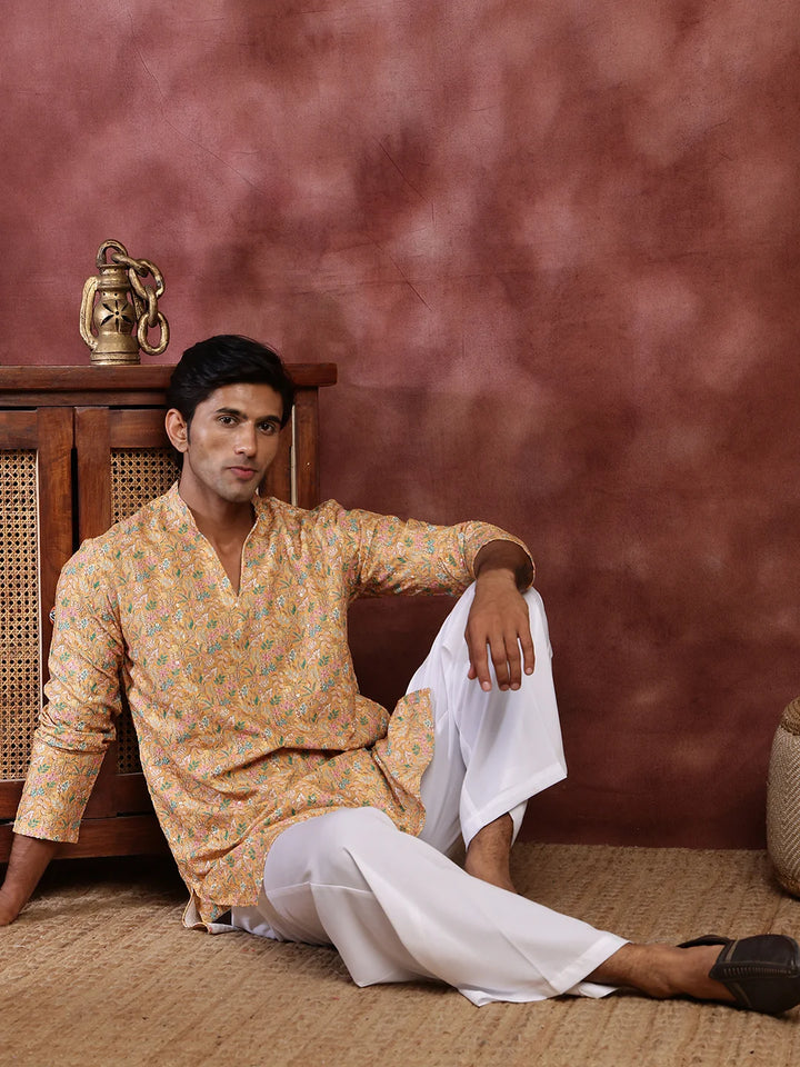 Yellow Thread Work Printed Viscose Rayon Straight Kurta for Men - Image 11