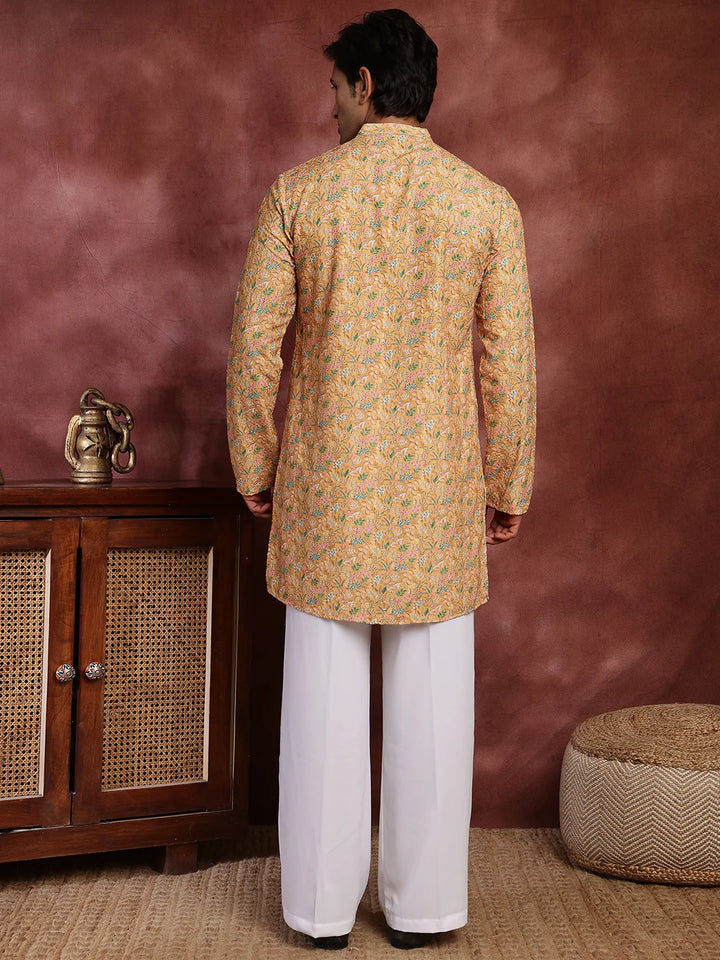 Yellow Thread Work Printed Viscose Rayon Straight Kurta for Men - Image 2