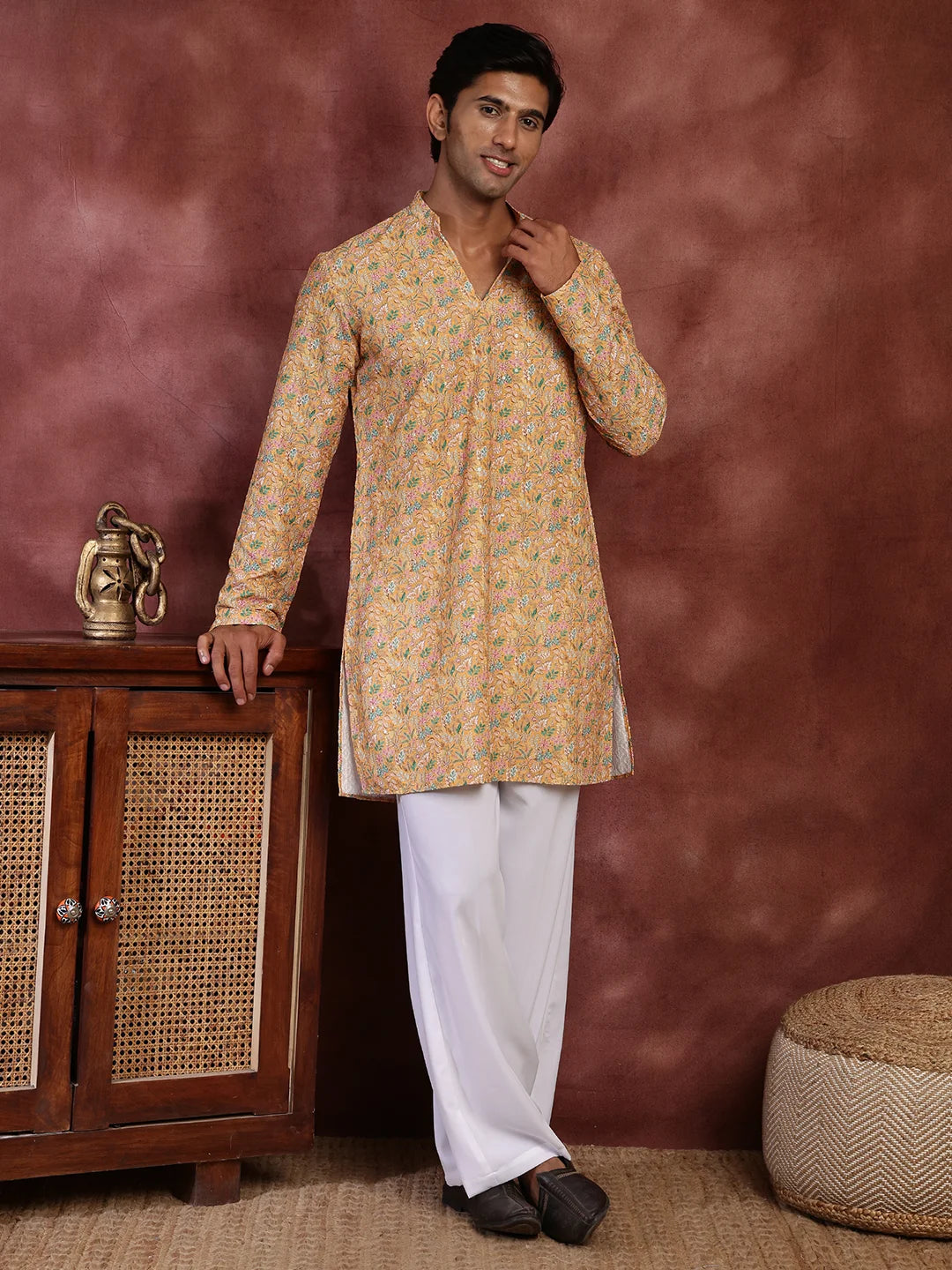 Yellow Thread Work Printed Viscose Rayon Straight Kurta for Men - Image 3