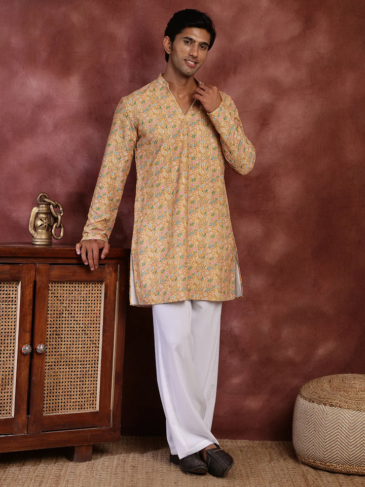 Yellow Thread Work Printed Viscose Rayon Straight Kurta for Men - Image 3