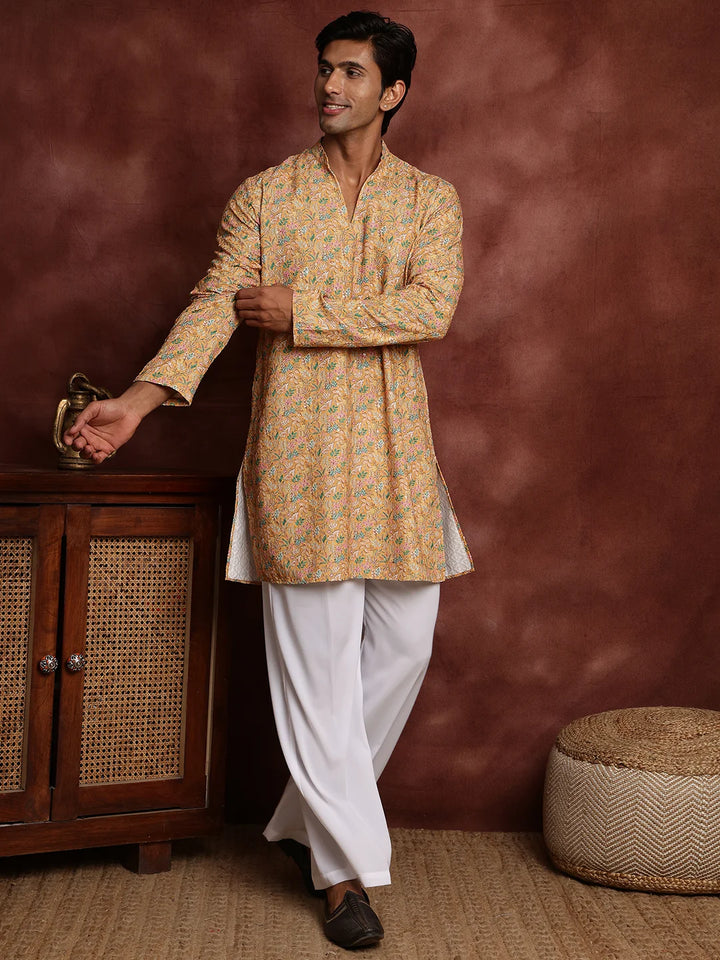 Yellow Thread Work Printed Viscose Rayon Straight Kurta for Men - Image 4
