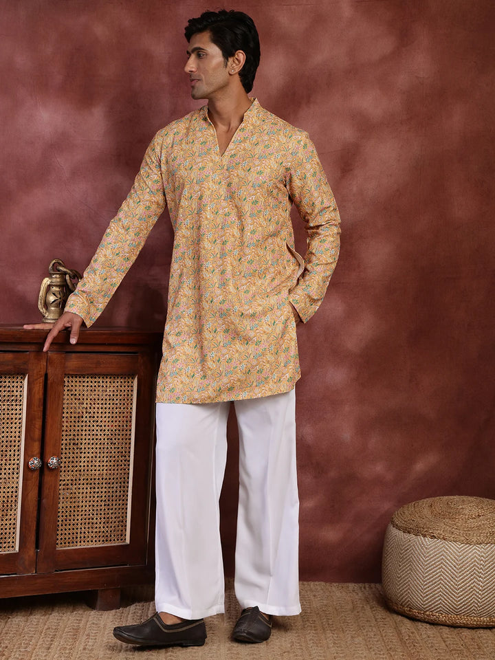 Yellow Thread Work Printed Viscose Rayon Straight Kurta for Men - Image 5