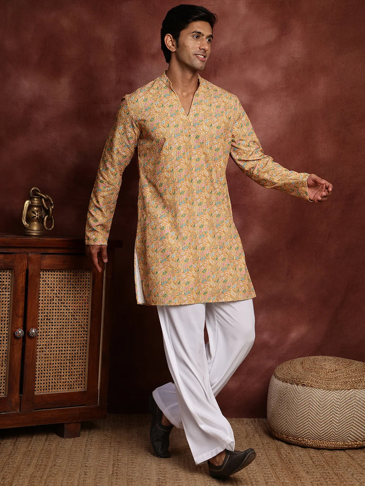 Yellow Thread Work Printed Viscose Rayon Straight Kurta for Men - Image 7