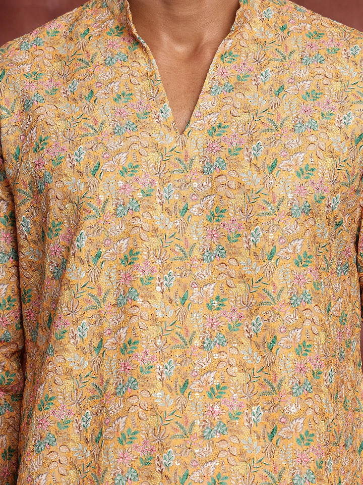 Yellow Thread Work Printed Viscose Rayon Straight Kurta for Men - Image 8