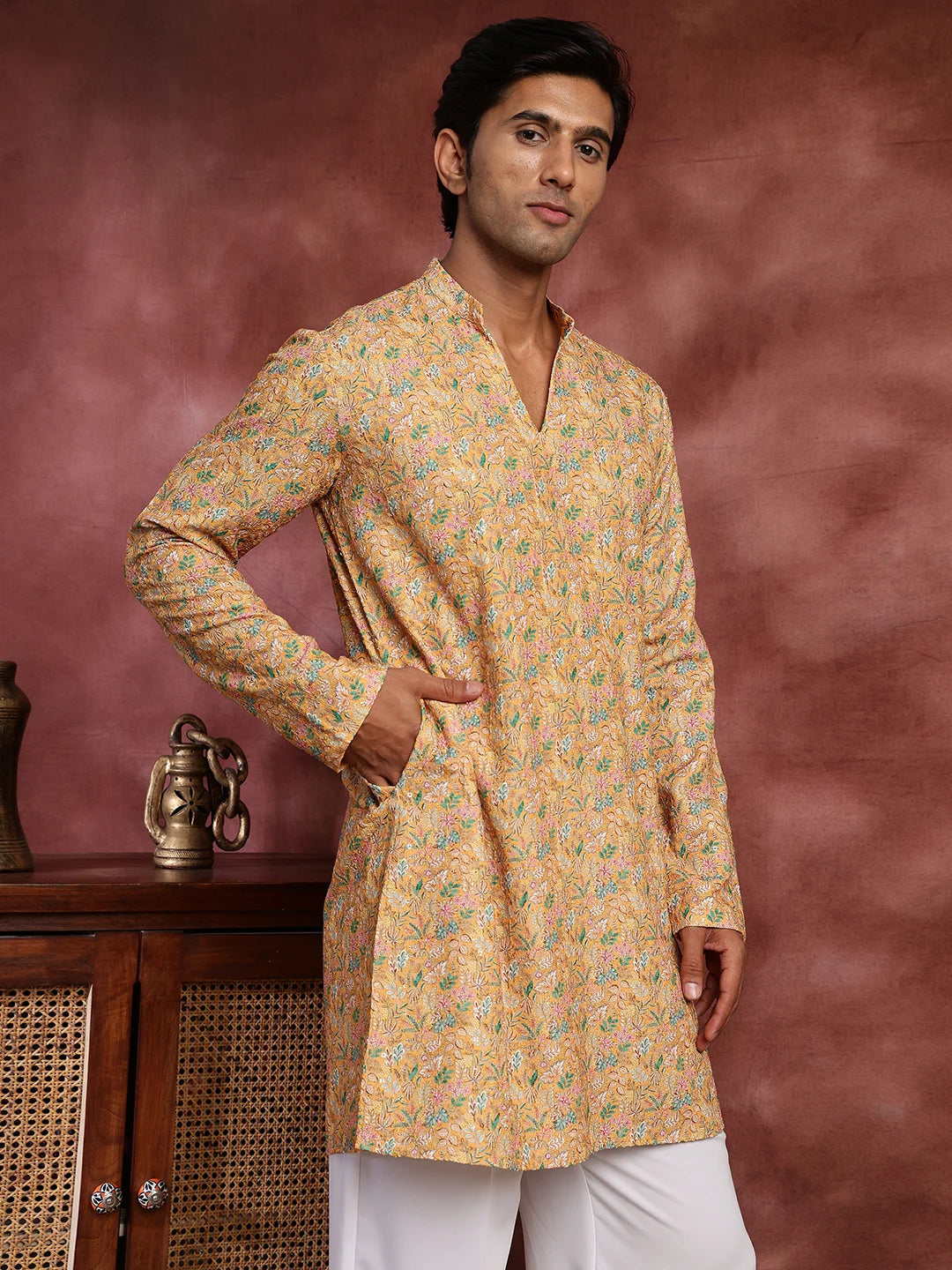 Yellow Thread Work Printed Viscose Rayon Straight Kurta for Men - Image 9