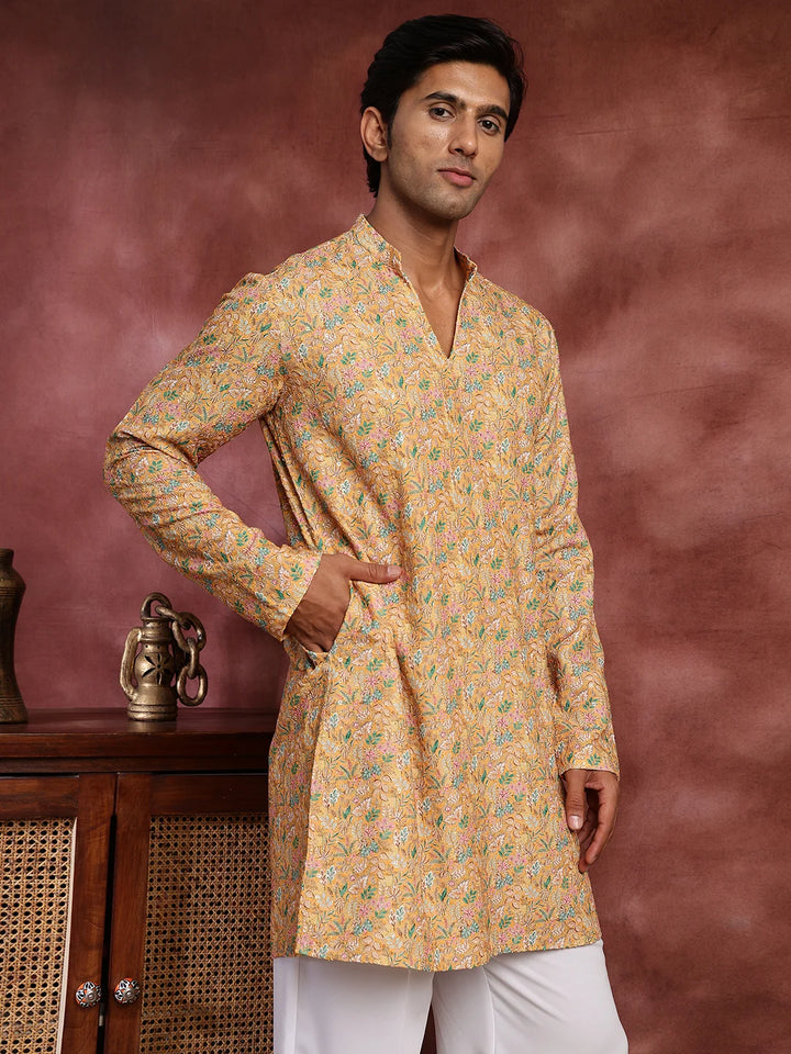 Yellow Thread Work Printed Viscose Rayon Straight Kurta for Men - Image 9