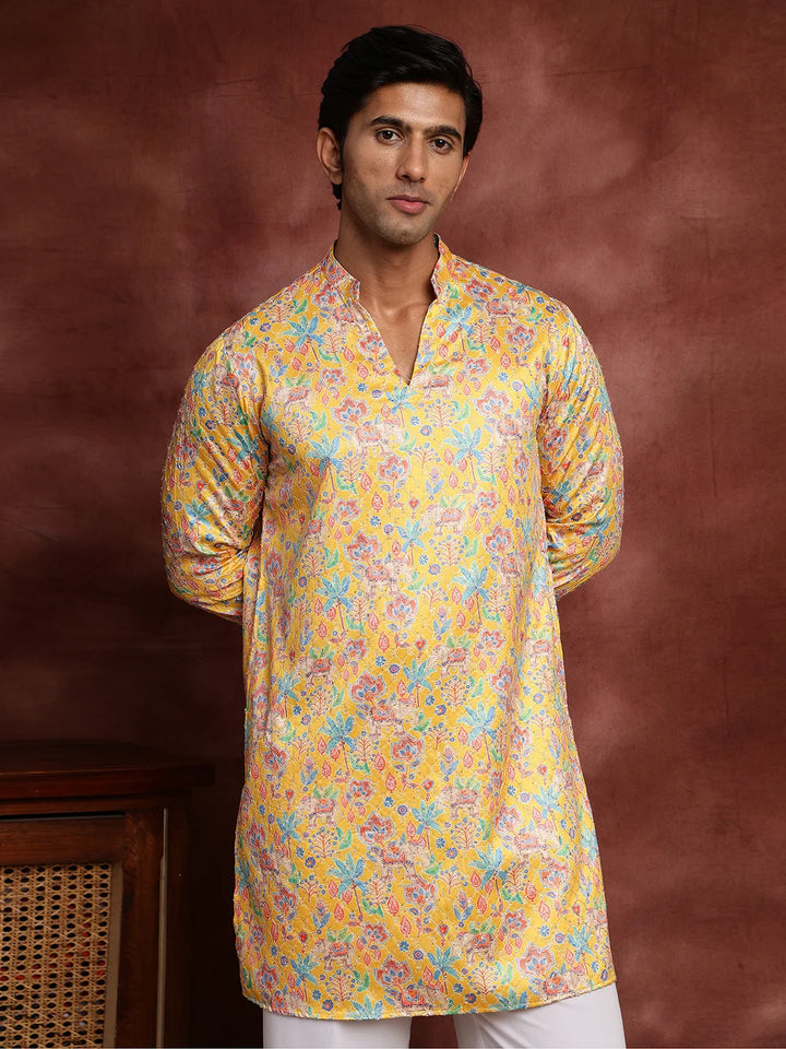 Mustard Thread Work Printed Cotton Silk Straight Kurta for Men - Image 1