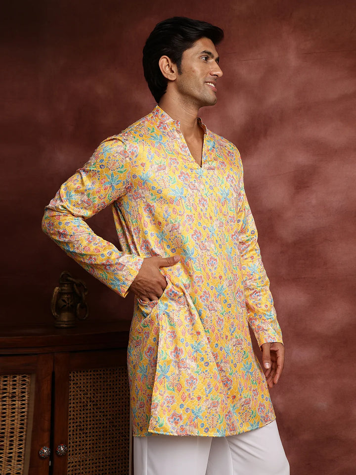 Mustard Thread Work Printed Cotton Silk Straight Kurta for Men - Image 10