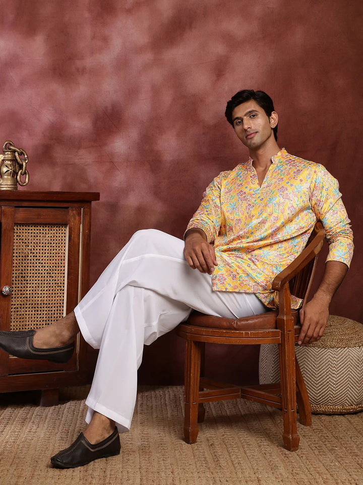 Mustard Thread Work Printed Cotton Silk Straight Kurta for Men - Image 11