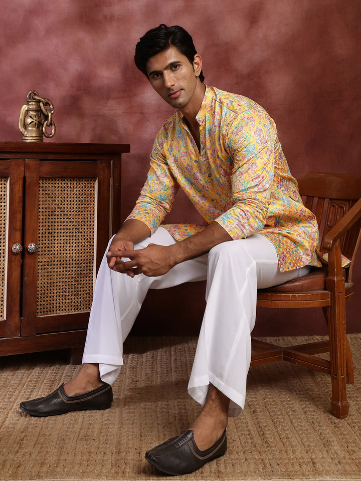 Mustard Thread Work Printed Cotton Silk Straight Kurta for Men - Image 2