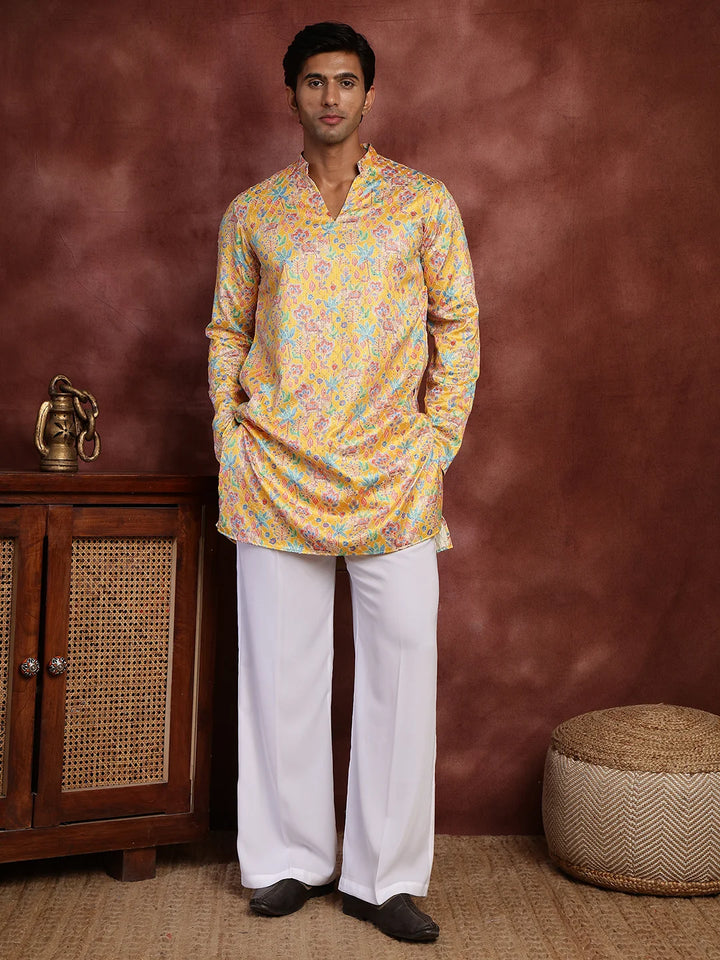 Mustard Thread Work Printed Cotton Silk Straight Kurta for Men - Image 3