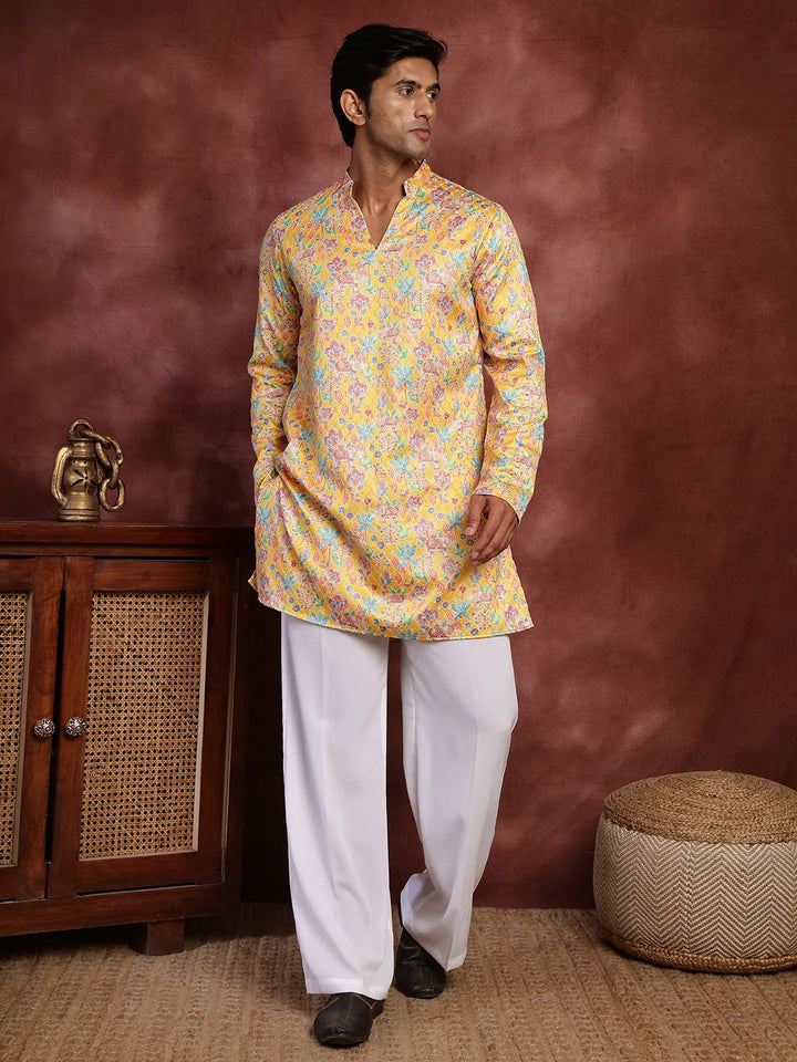 Mustard Thread Work Printed Cotton Silk Straight Kurta for Men - Image 4