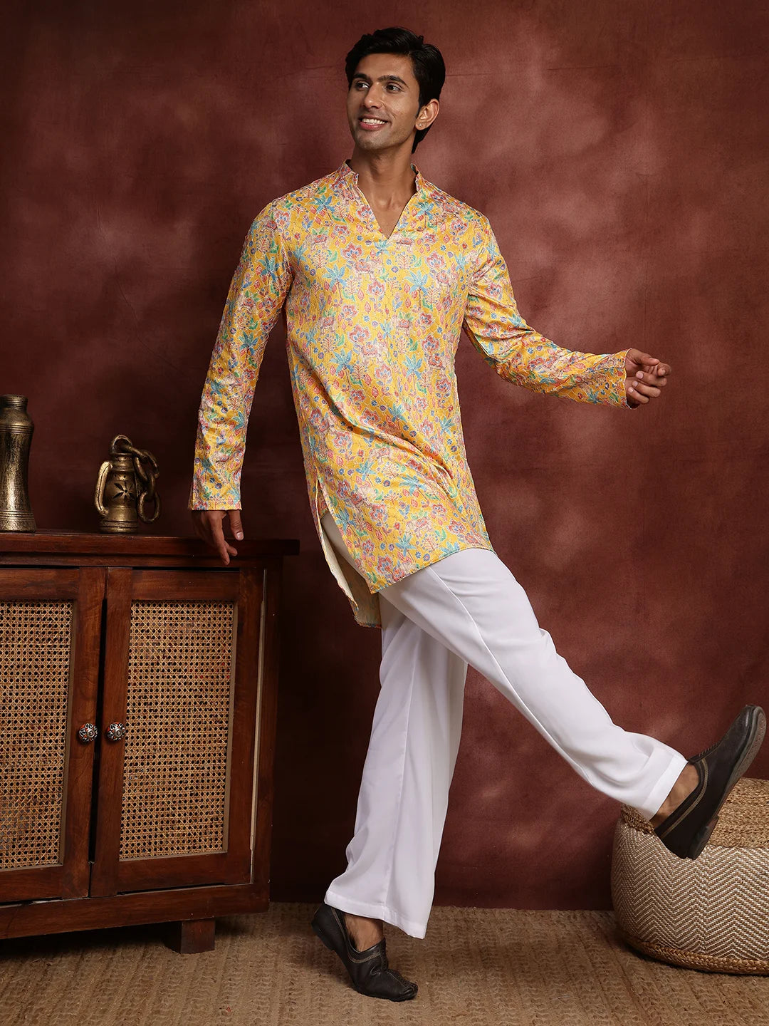 Mustard Thread Work Printed Cotton Silk Straight Kurta for Men - Image 5