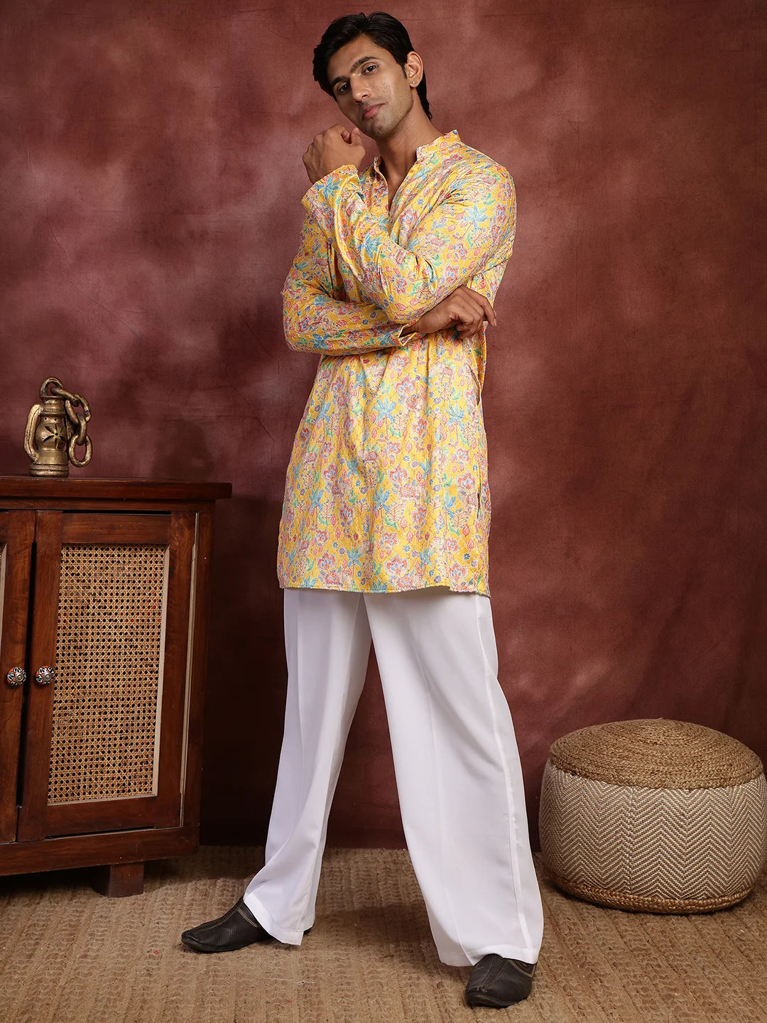 Mustard Thread Work Printed Cotton Silk Straight Kurta for Men - Image 6
