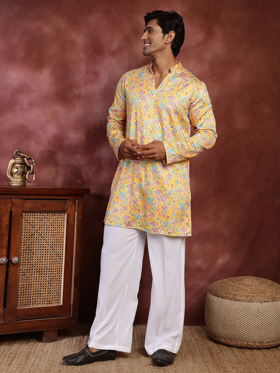 Mustard Thread Work Printed Cotton Silk Straight Kurta for Men - Image 7