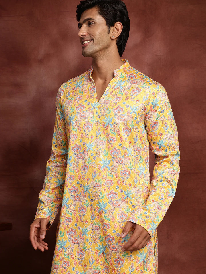 Mustard Thread Work Printed Cotton Silk Straight Kurta for Men - Image 8
