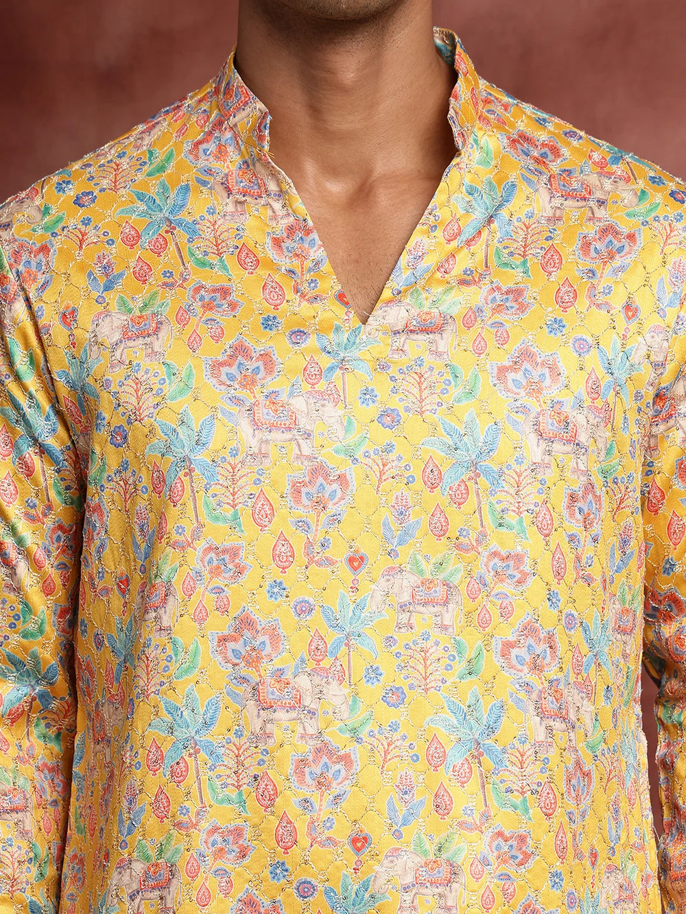 Mustard Thread Work Printed Cotton Silk Straight Kurta for Men - Image 9