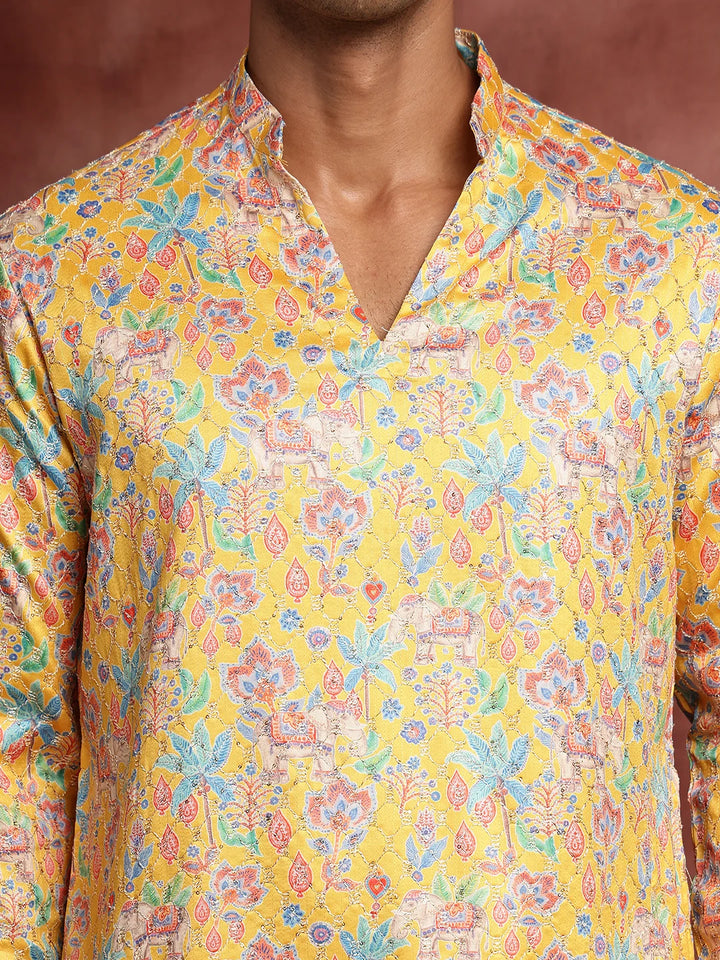 Mustard Thread Work Printed Cotton Silk Straight Kurta for Men - Image 9
