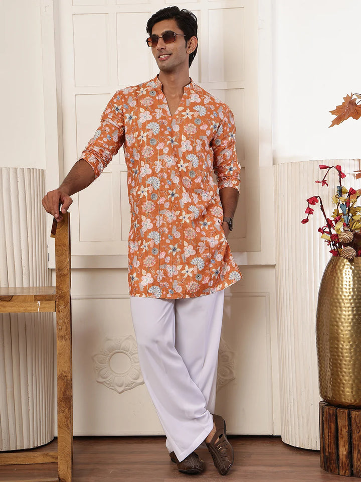 Brown Thread Work Printed Blended Straight Kurta for Men - Image 1