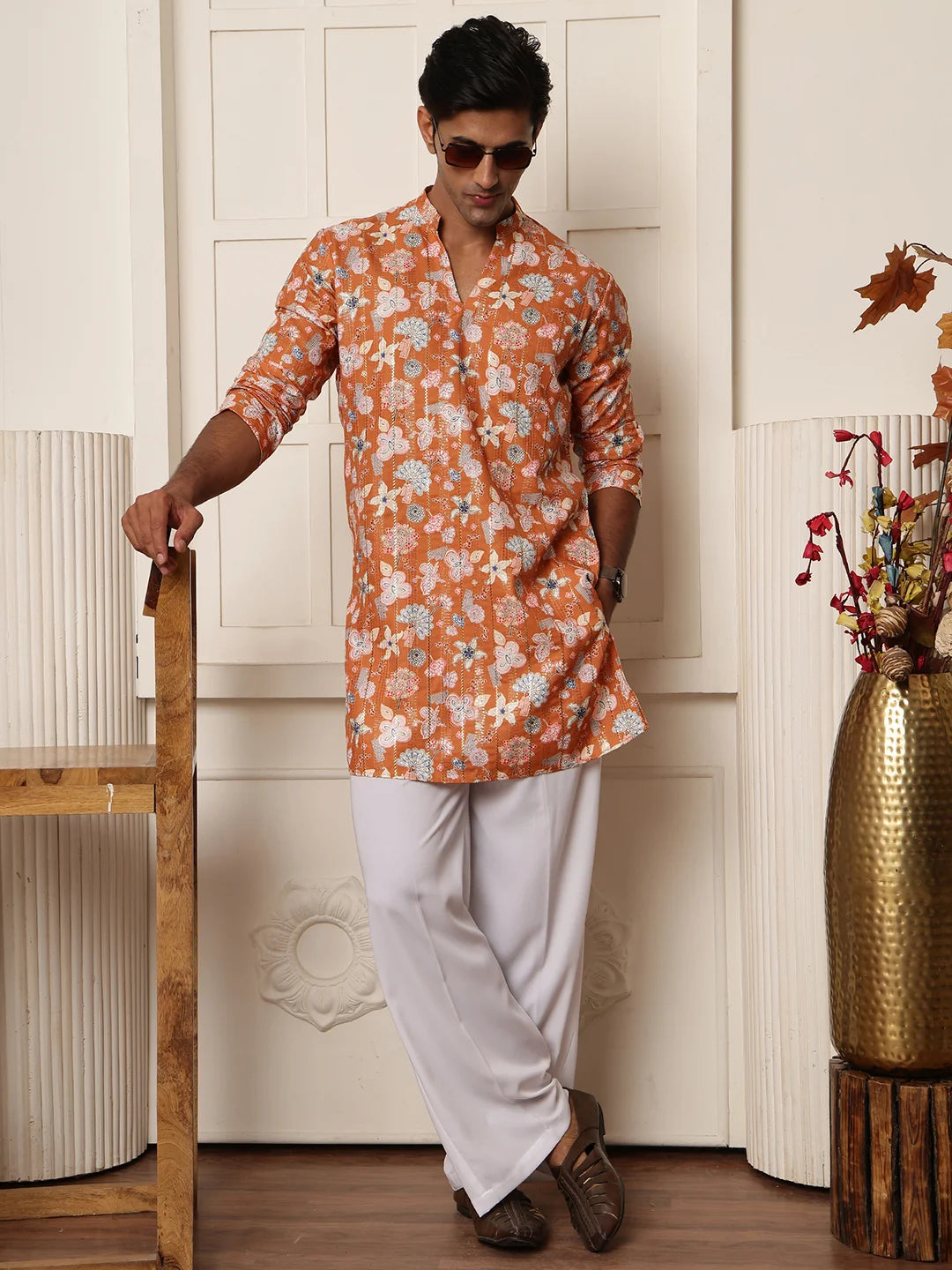 Brown Thread Work Printed Blended Straight Kurta for Men - Image 10