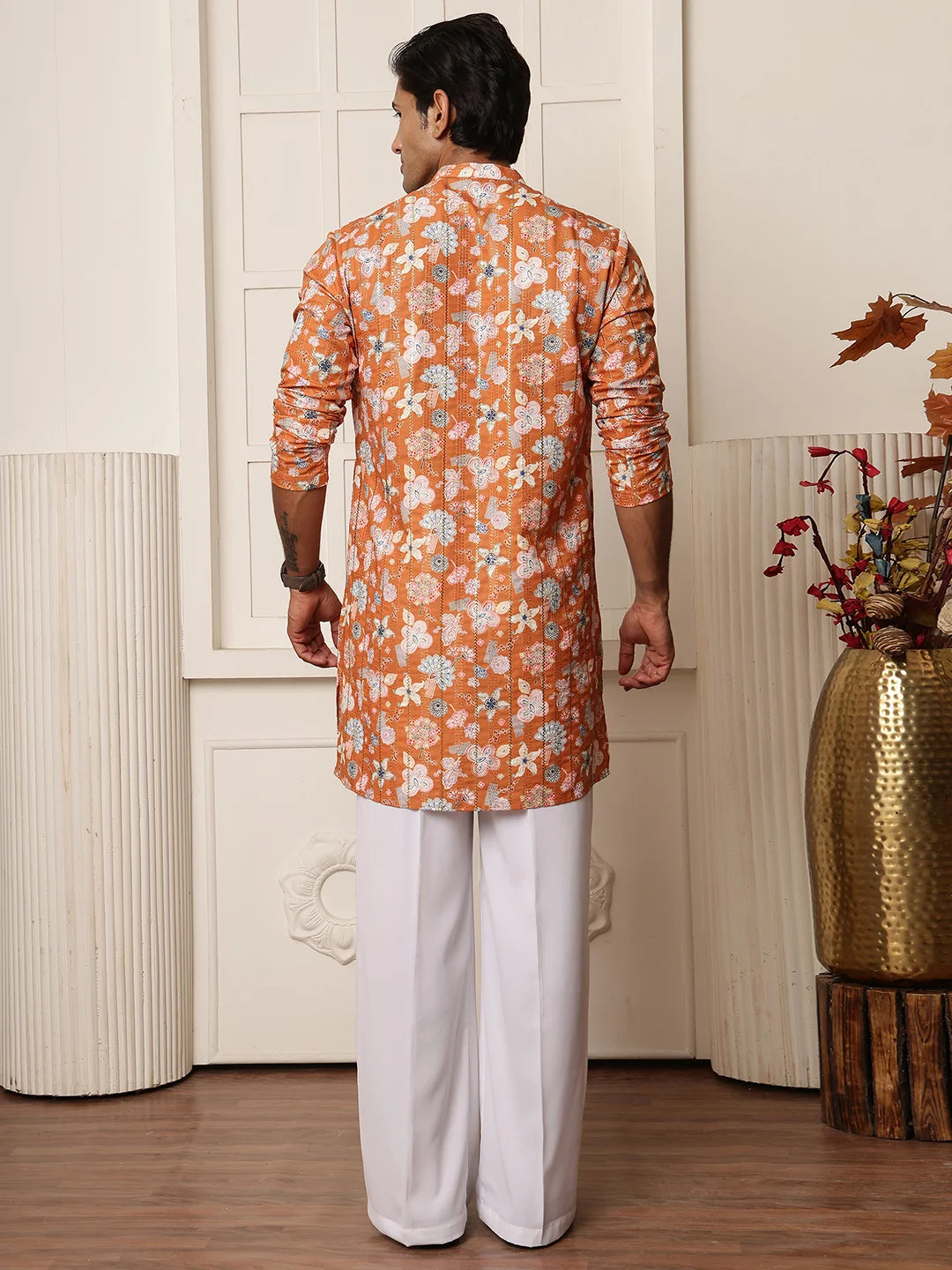 Brown Thread Work Printed Blended Straight Kurta for Men - Image 2