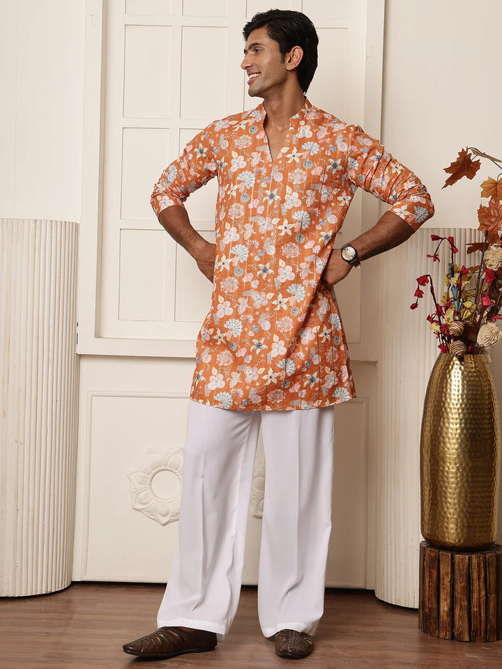 Brown Thread Work Printed Blended Straight Kurta for Men - Image 3