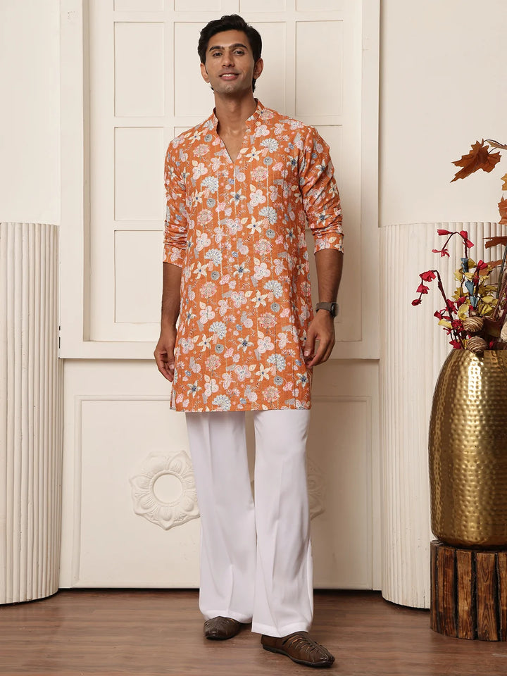 Brown Thread Work Printed Blended Straight Kurta for Men - Image 4