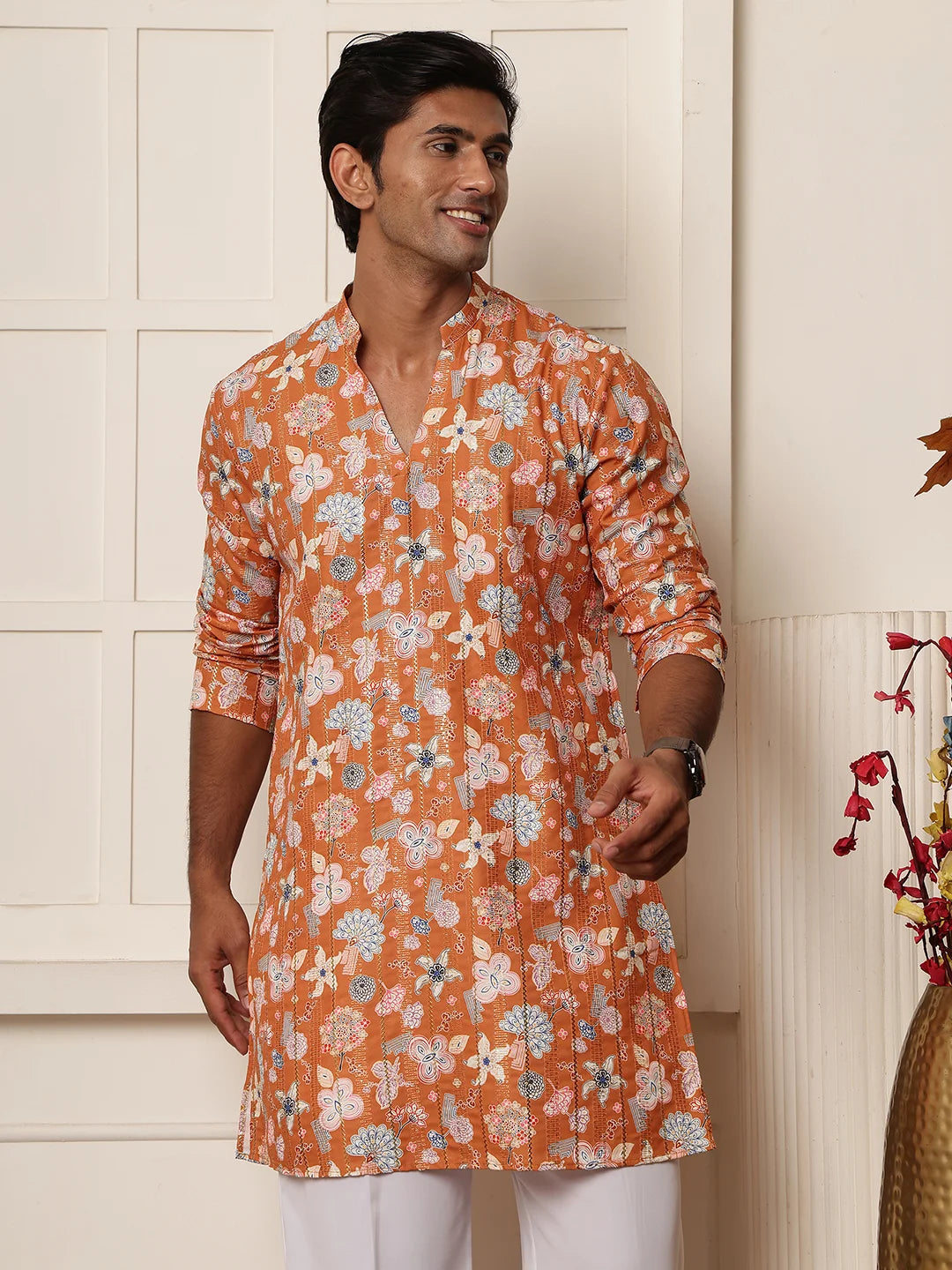 Brown Thread Work Printed Blended Straight Kurta for Men - Image 5