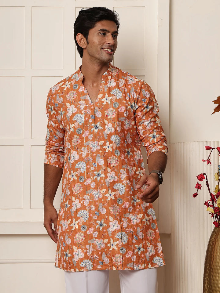 Brown Thread Work Printed Blended Straight Kurta for Men - Image 5