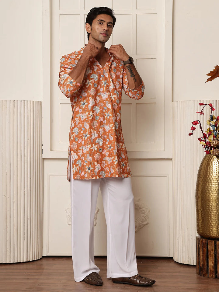 Brown Thread Work Printed Blended Straight Kurta for Men - Image 6