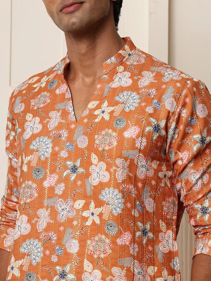 Brown Thread Work Printed Blended Straight Kurta for Men - Image 8