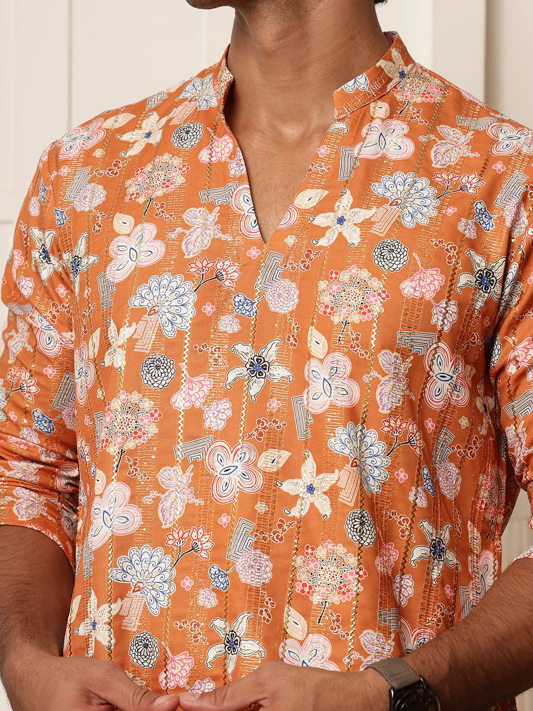 Brown Thread Work Printed Blended Straight Kurta for Men - Image 9
