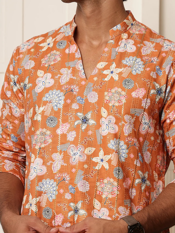 Brown Thread Work Printed Blended Straight Kurta for Men - Image 9