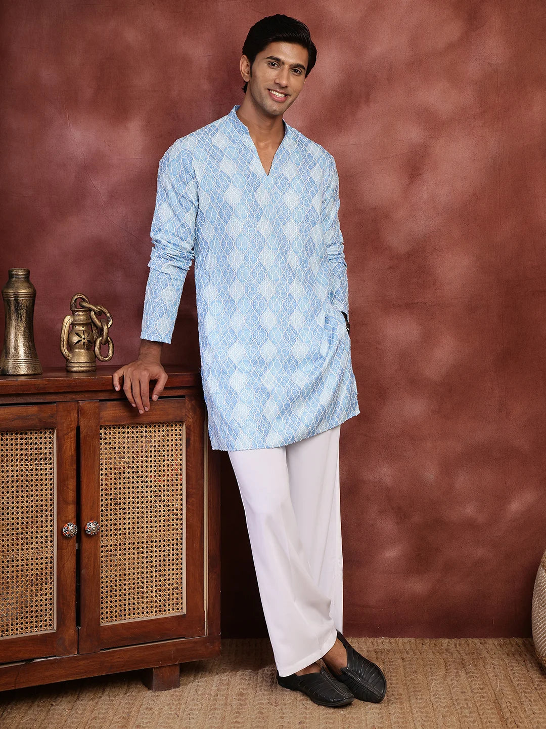 Turquoise Blue Thread Work Printed Viscose Rayon Straight Kurta for Men - Image 1