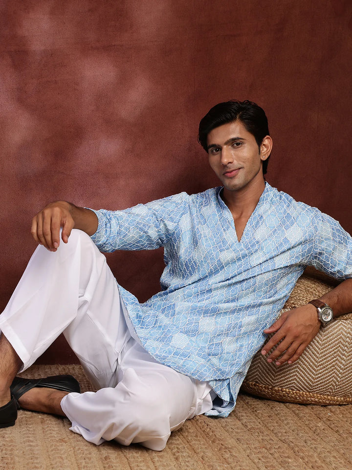 Turquoise Blue Thread Work Printed Viscose Rayon Straight Kurta for Men - Image 10