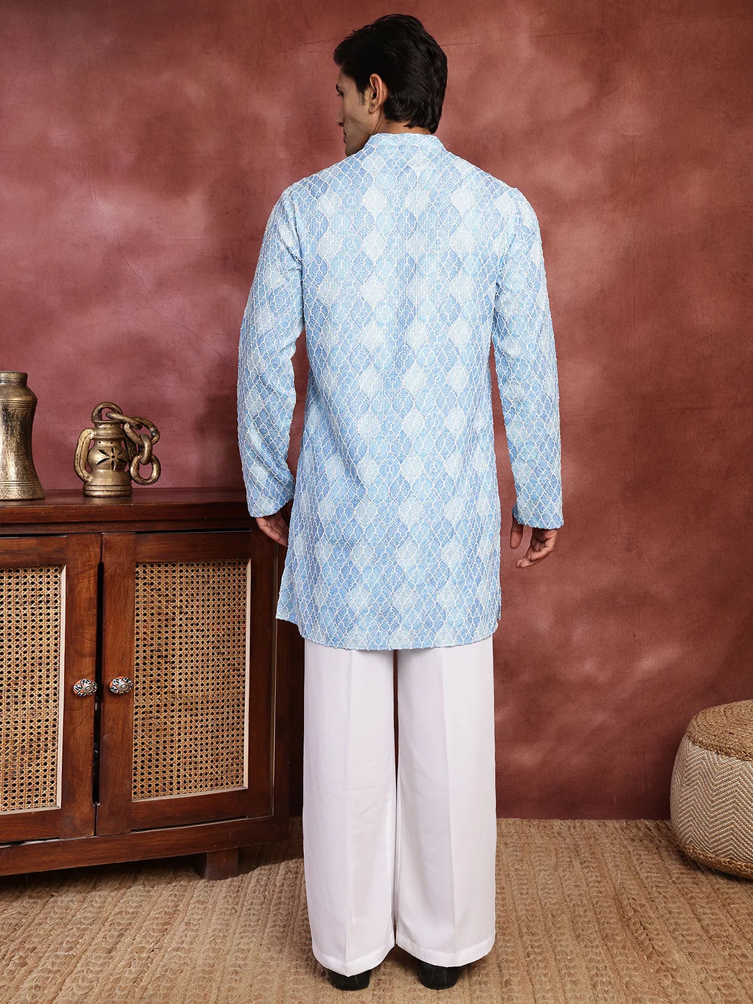 Turquoise Blue Thread Work Printed Viscose Rayon Straight Kurta for Men - Image 11