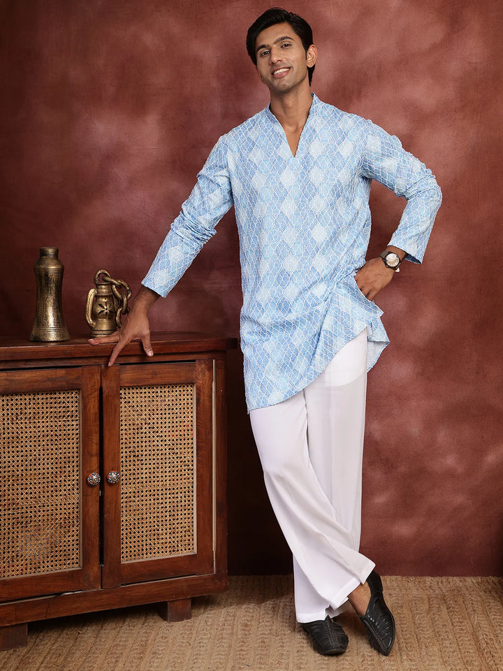 Turquoise Blue Thread Work Printed Viscose Rayon Straight Kurta for Men - Image 2
