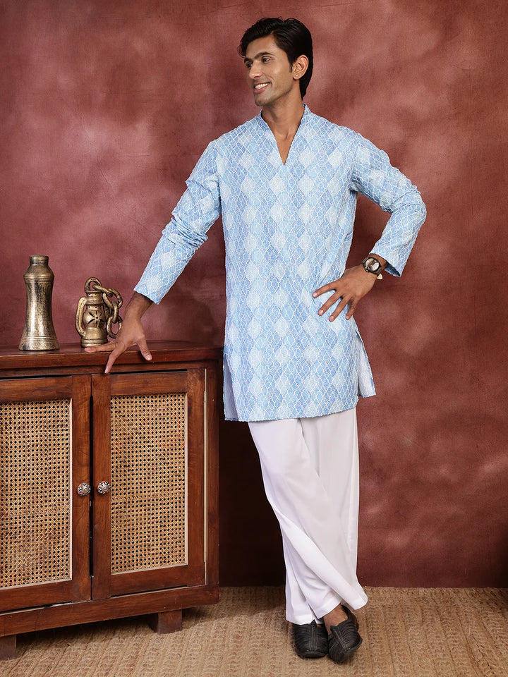 Turquoise Blue Thread Work Printed Viscose Rayon Straight Kurta for Men - Image 3