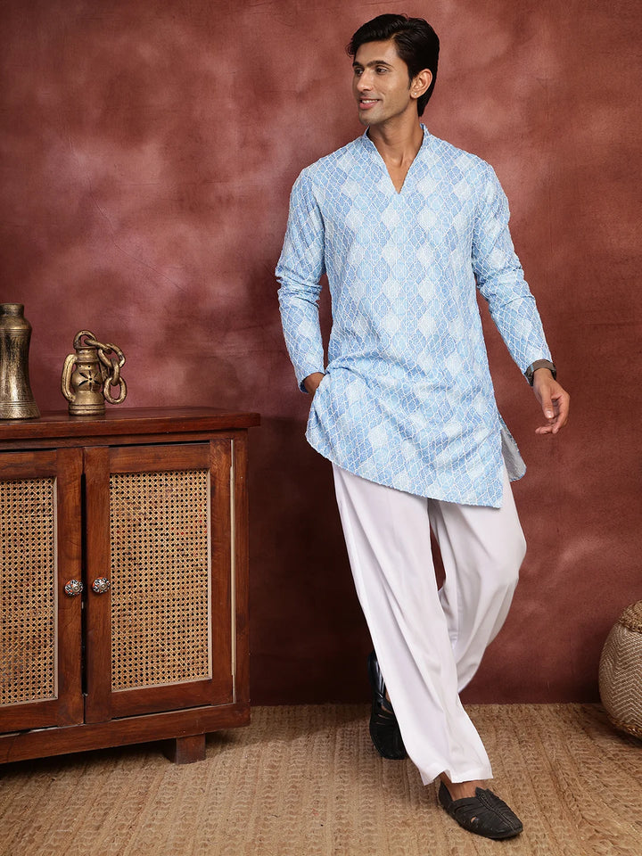 Turquoise Blue Thread Work Printed Viscose Rayon Straight Kurta for Men - Image 4