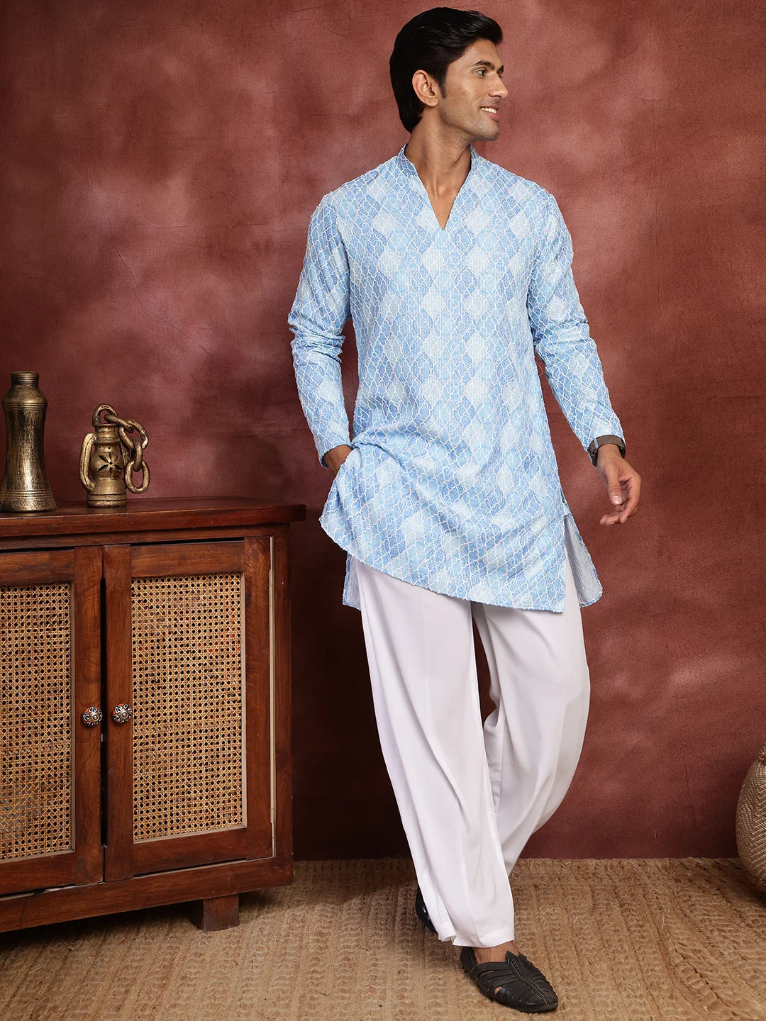 Turquoise Blue Thread Work Printed Viscose Rayon Straight Kurta for Men - Image 5