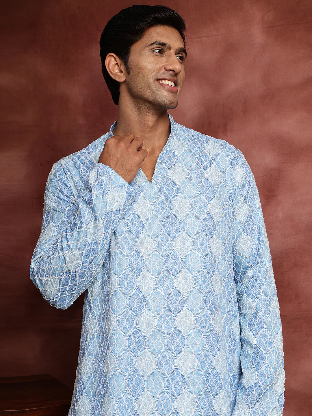 Turquoise Blue Thread Work Printed Viscose Rayon Straight Kurta for Men - Image 6