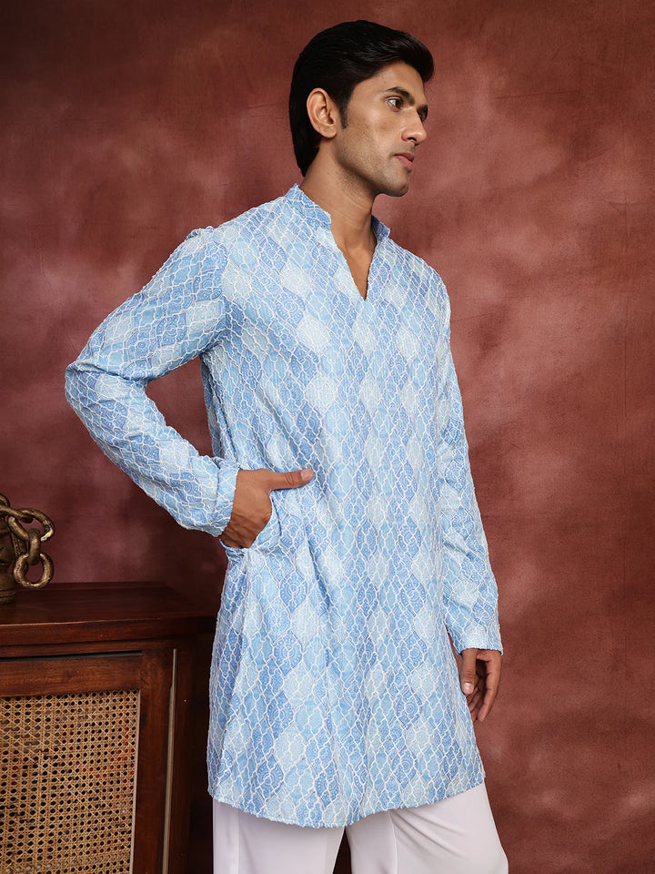 Turquoise Blue Thread Work Printed Viscose Rayon Straight Kurta for Men - Image 8