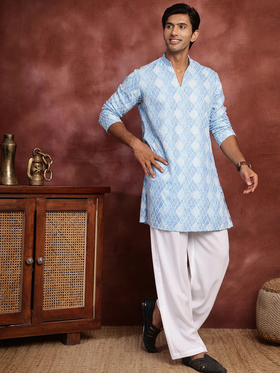 Turquoise Blue Thread Work Printed Viscose Rayon Straight Kurta for Men - Image 9