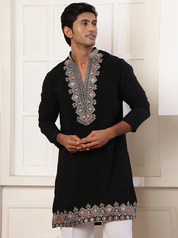 Black Zari Yoke Design Blended Straight Kurta for Men - Image 1