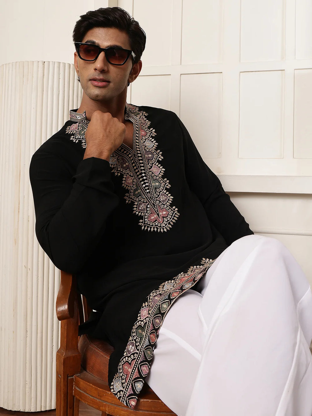 Black Zari Yoke Design Blended Straight Kurta for Men - Image 10