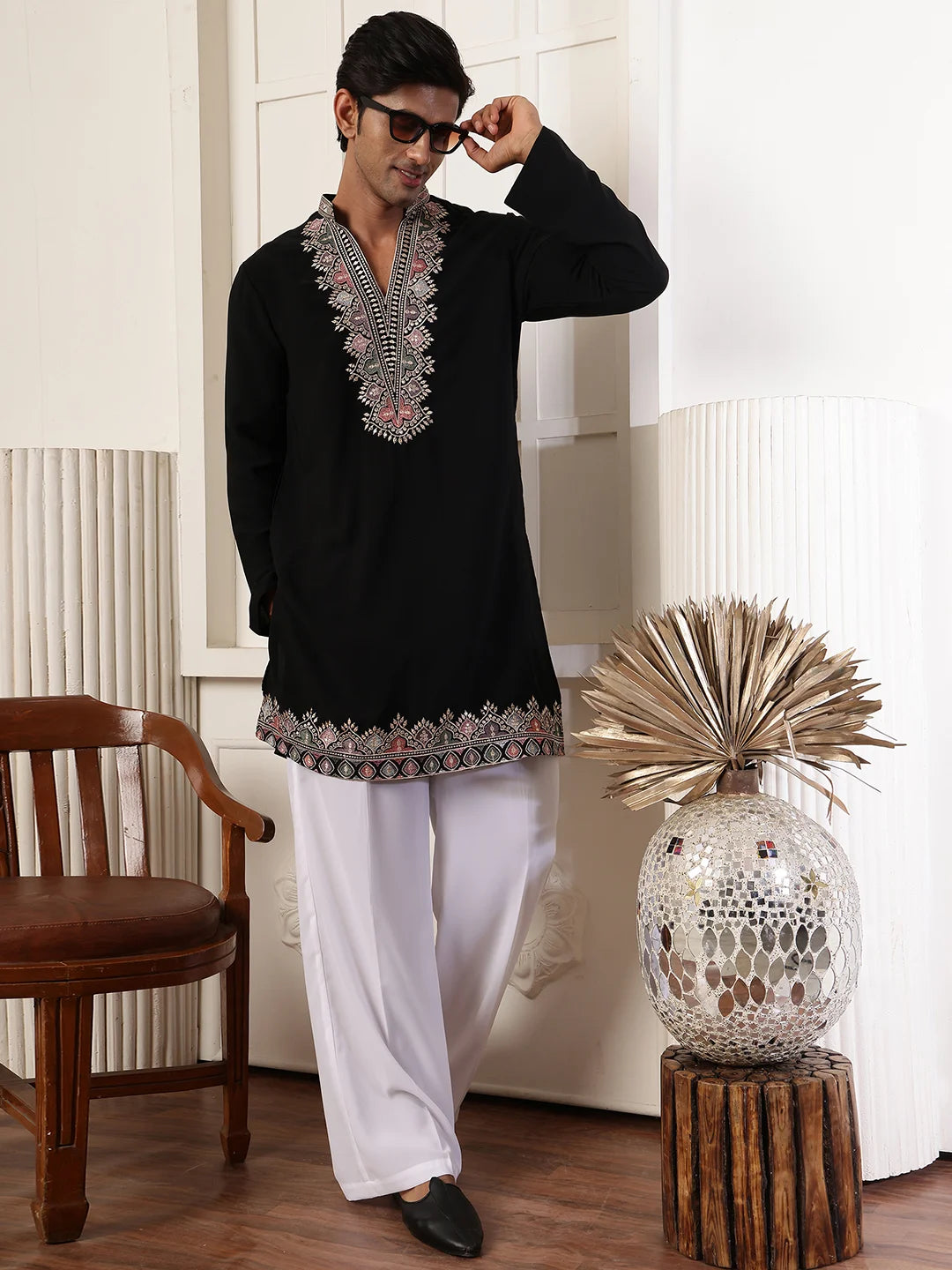 Black Zari Yoke Design Blended Straight Kurta for Men - Image 11