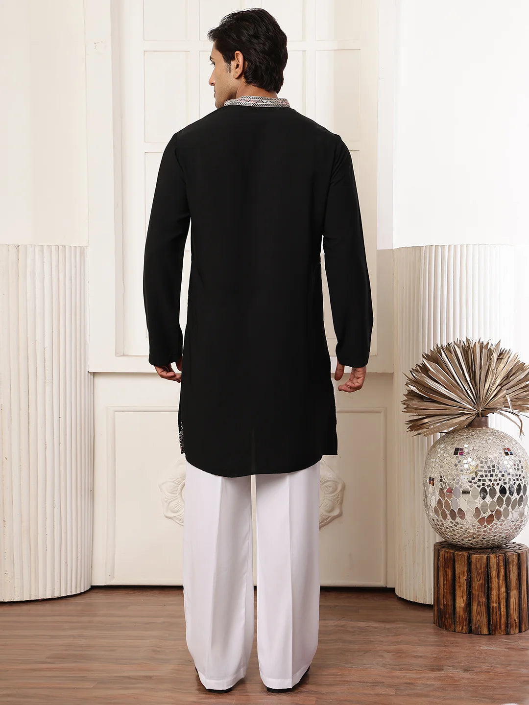 Black Zari Yoke Design Blended Straight Kurta for Men - Image 12