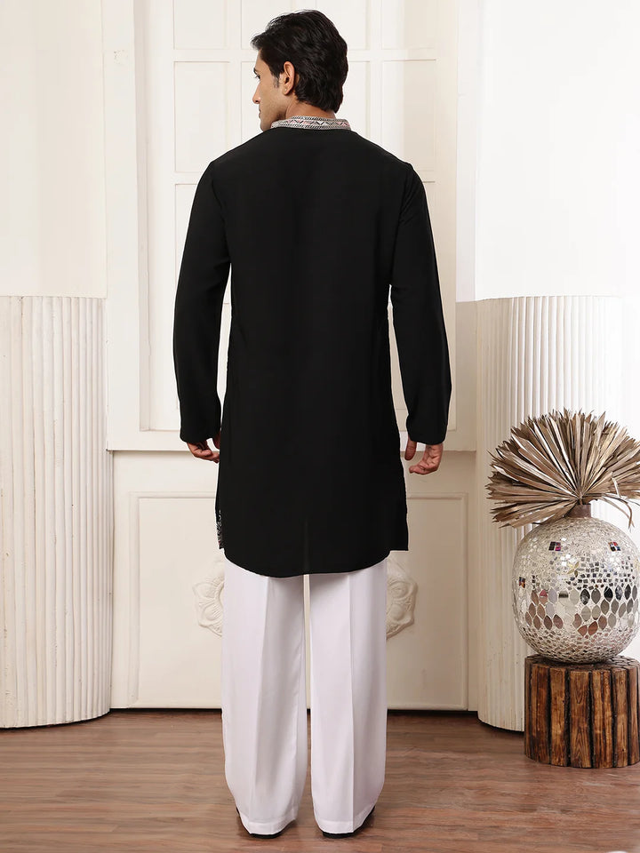 Black Zari Yoke Design Blended Straight Kurta for Men - Image 12