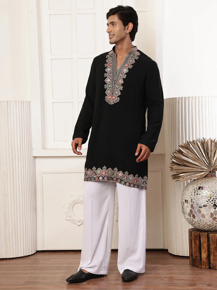 Black Zari Yoke Design Blended Straight Kurta for Men - Image 2