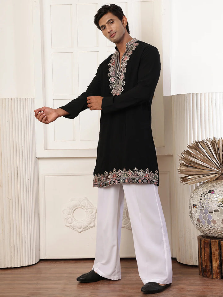 Black Zari Yoke Design Blended Straight Kurta for Men - Image 3